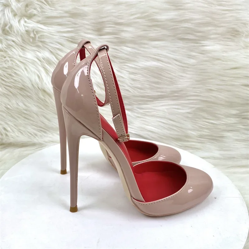 White Patent Leather Women Ankle Strap Stiletto Pumps Round HeadToe Sexy High Heel Shoes 10cm 12cm Customize 33-46 Zapatos Mujer