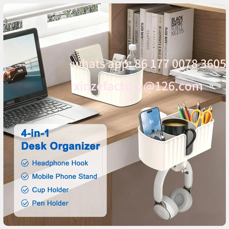 

Customizable 4 in 1 Desk Headphone Hanger Clamp on Under Desk Cup Holder Rotating Headphone Holder