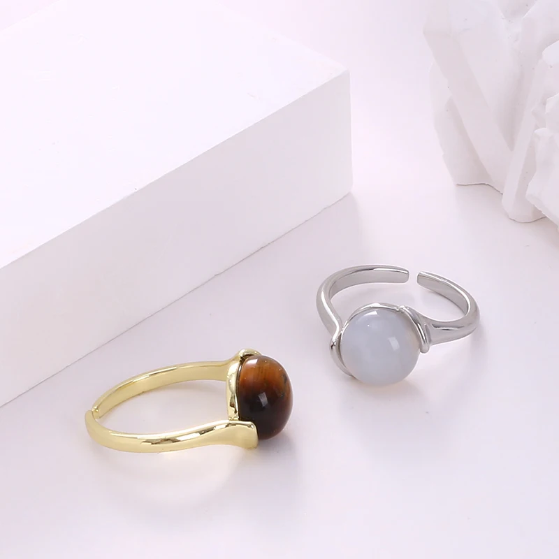 Simple Natural Stone Open Ring Pure Moonlight Stone Round Full Color Preservation Process Environmental Protection