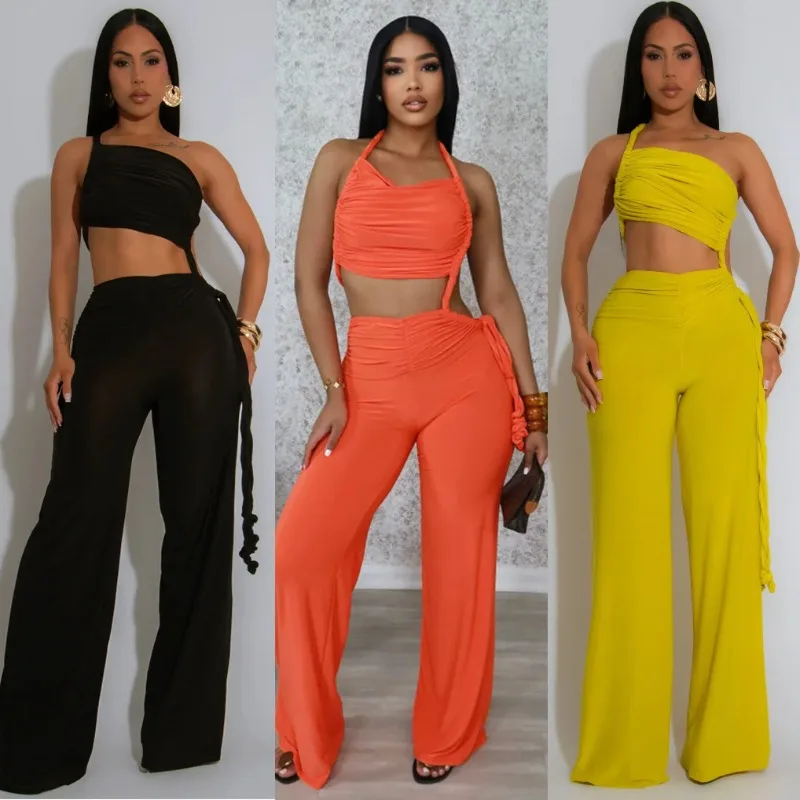 

Sexy Ruched Patchwork Bodycon Jumpsuits for Woman Halter Sleeveless Wide-leg Romper Female Streetwear Overalls 2025 New