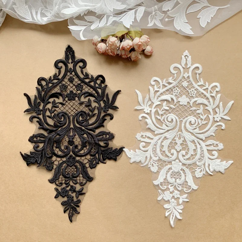 2PCS Grid Pattern Embroidery Embroidered Lace Leaf Flowers Patch Handmade DIY Wedding Dress Chest Backs Accessories RS4163