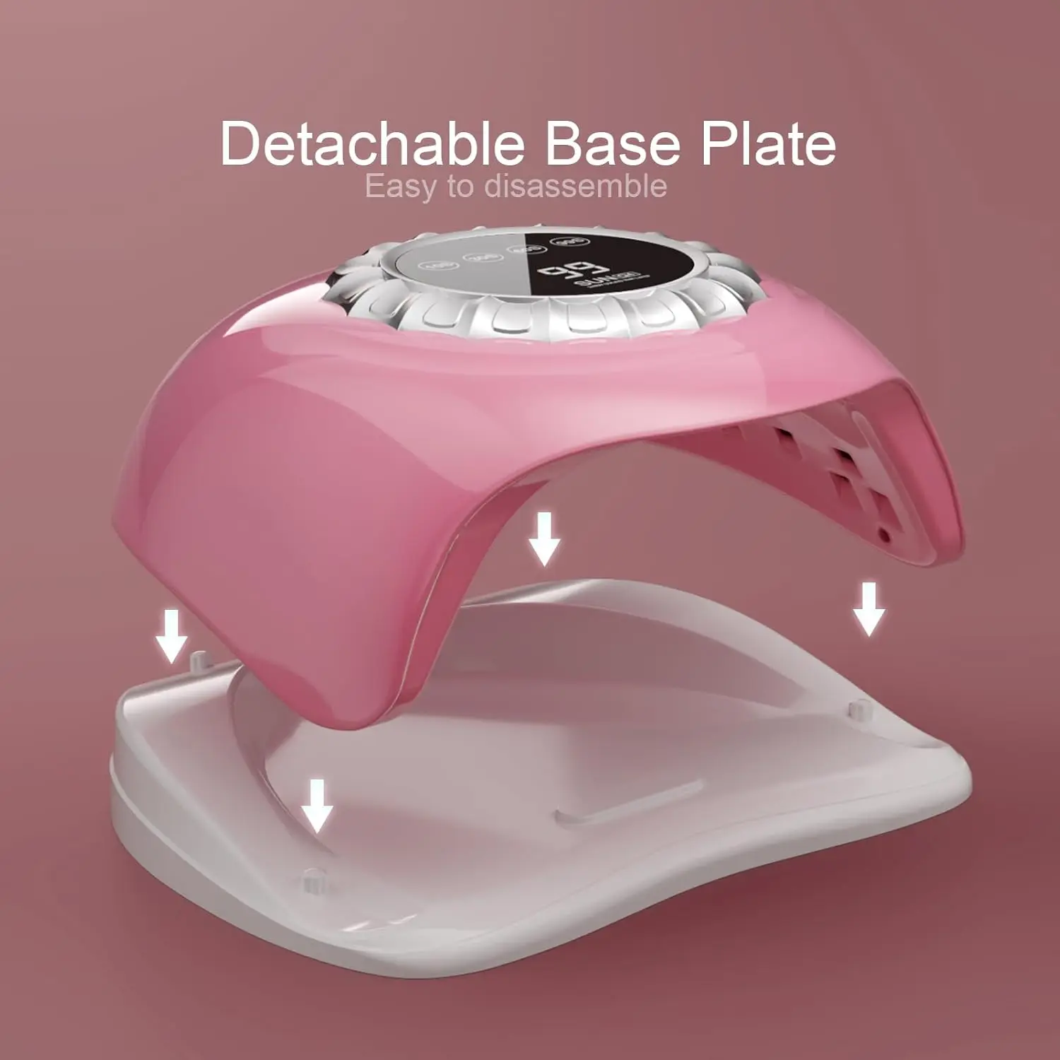 مصباح أظافر LED وردي بالأشعة فوق البنفسجية مع شاشة تعمل باللمس، 4 مؤقتات، قاعدة قابلة للفصل وخرز ضوء مزدوج - علاج جل سريع