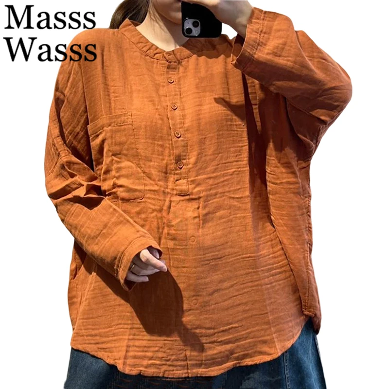 

Masss Wasss 2026 винтажные классические топы, женские весенние модные рубашки для отдыха, женские элегантные классические хлопковые льняные блузки с круглым вырезом