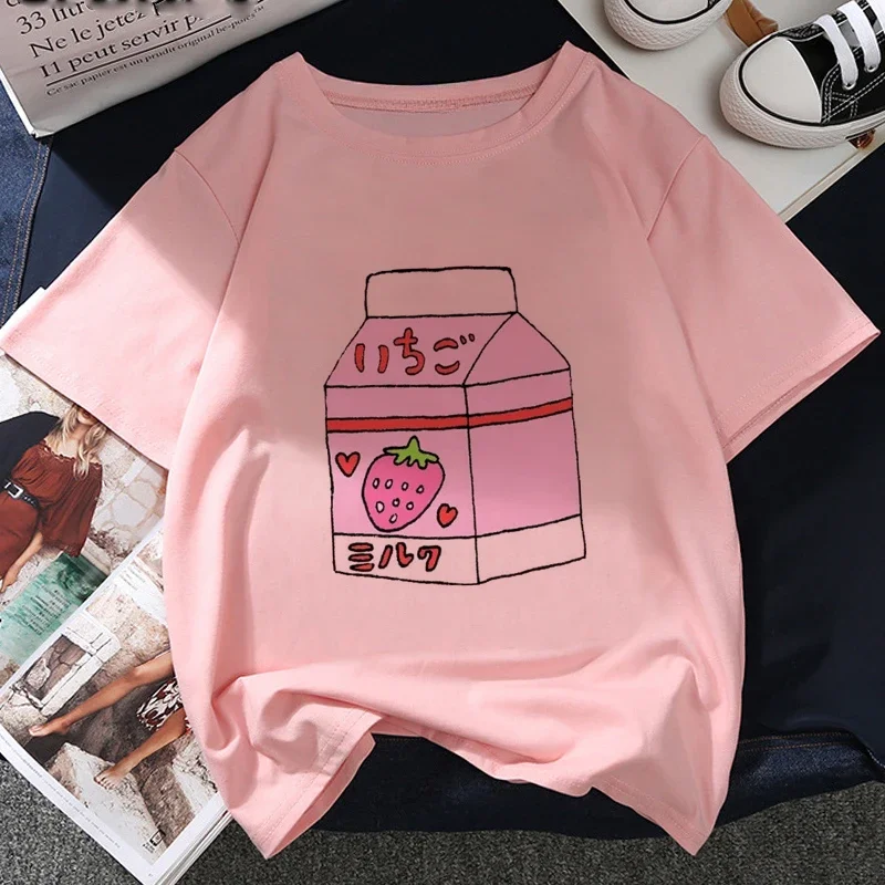 Camiseta con estampado gráfico de zumo de fresa de Japón para mujer, camiseta de moda de verano, camiseta rosa de estética Harajuku, camiseta de estética para mujer