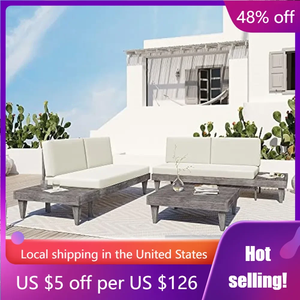 Sectional Sofa 3-Piece 4-Seater,Includes Coffee Wood Frame,Water-Resistant, Outdoor Set with Side Table and Cushions, Grey+Beige