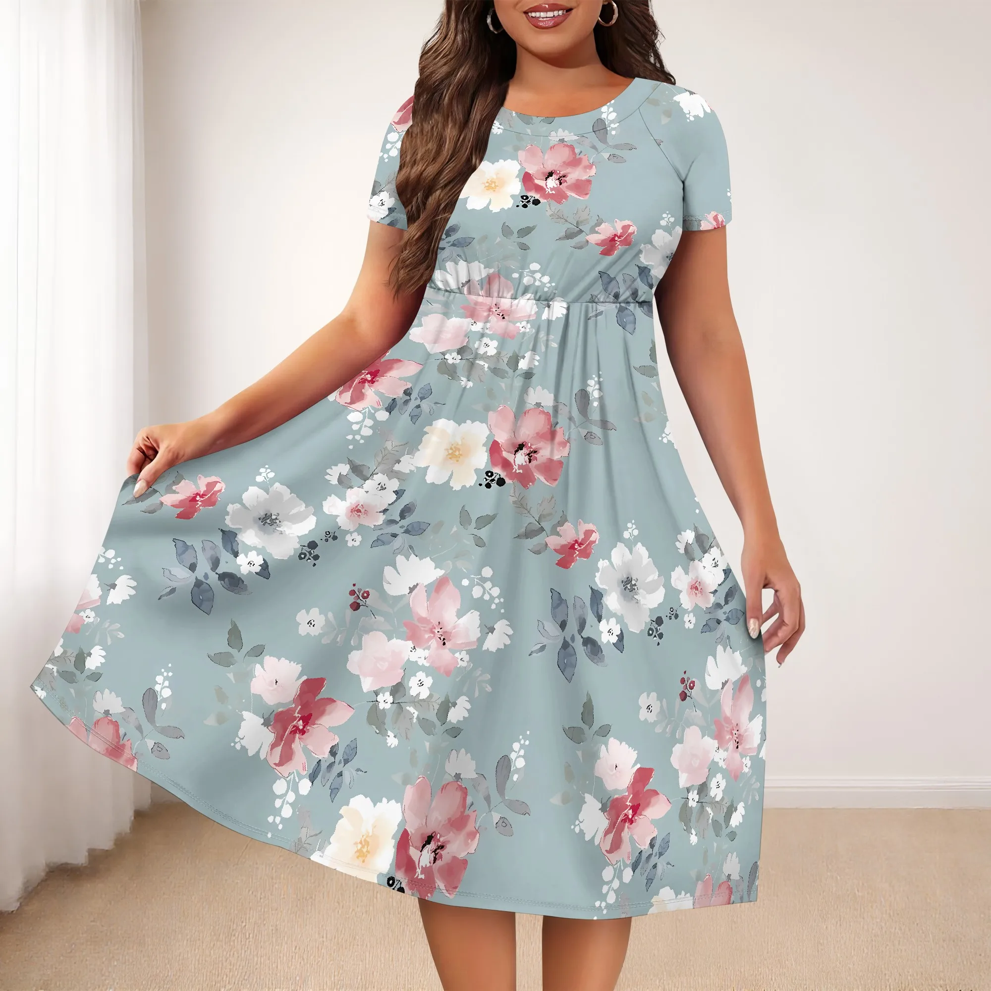 

EQQZD Short Sleeve Crewneck A-Line Dress for Women, Stylish Casual Loose Floral Print Knee-Length Dress