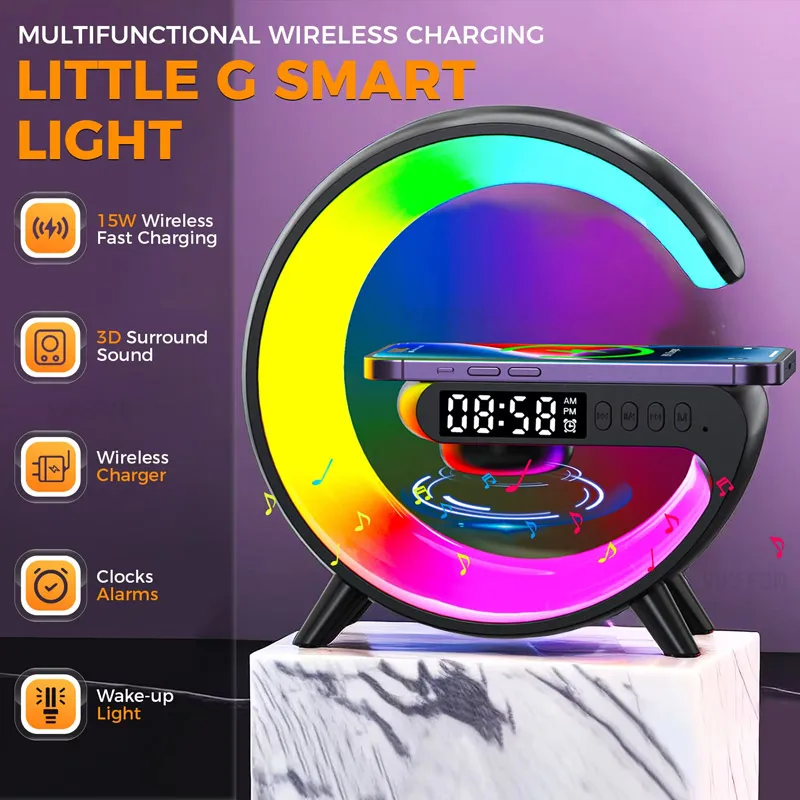 Wireless Charger Bluetooth Speaker Desktop Alarm Clock RGB Night For iPhone 16 15 14 13 12 Samsung Xiaomi 15 Phone Fast Charging