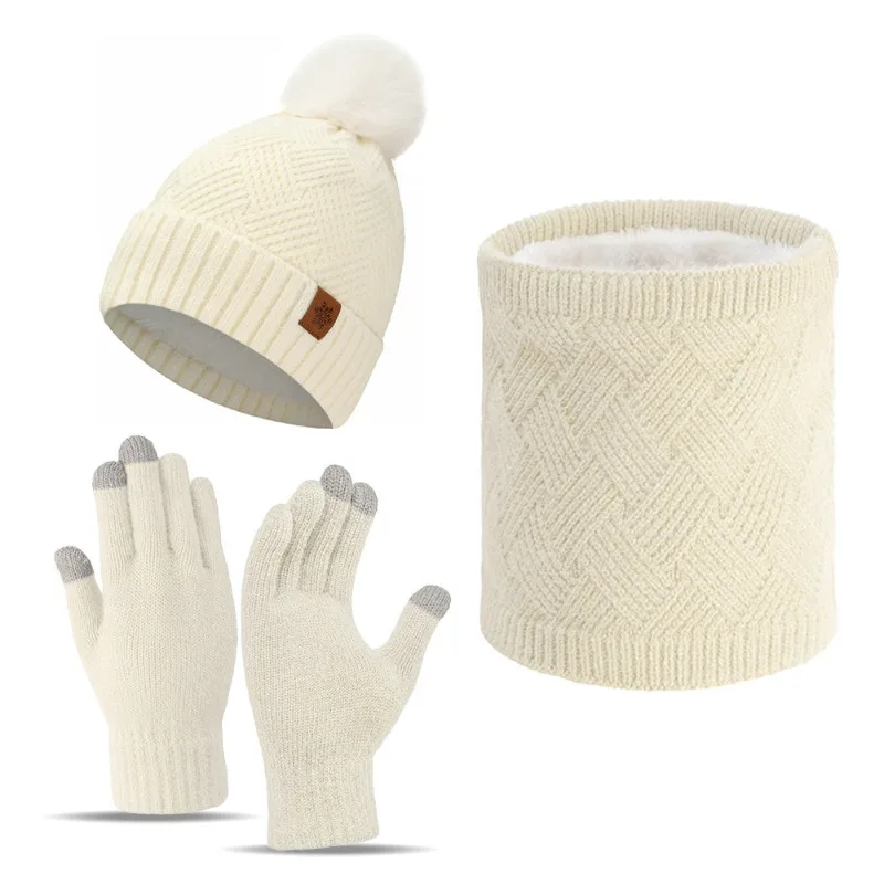 مجموعة جديدة عصرية وبسيطة مكونة من ثلاث قطع من المخمل المقاوم للبرد والدافئ وقفازات محبوكة تعمل باللمس