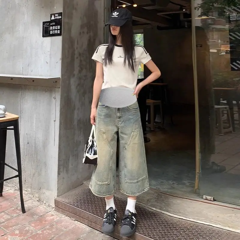 

2025 New Summer Maternity Jeans - Fashionable 3/4 Length Wide-Leg Pants for Outdoor Wear Loose Slimming Capri Trousers Pregnancy