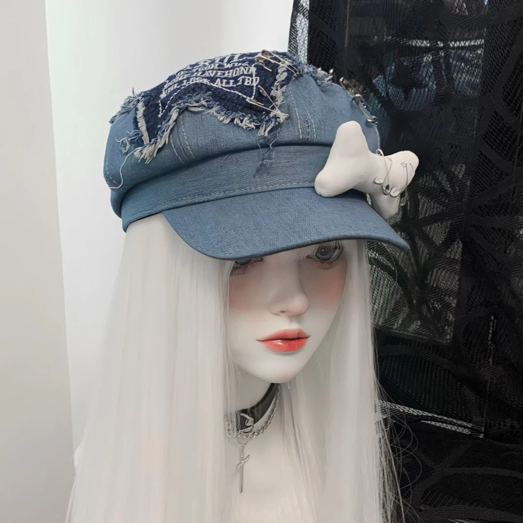 handmade denim Beret Y2k Lolita Hat JK Hats Girl's Beret Cute bones Kawaii Hat for Women