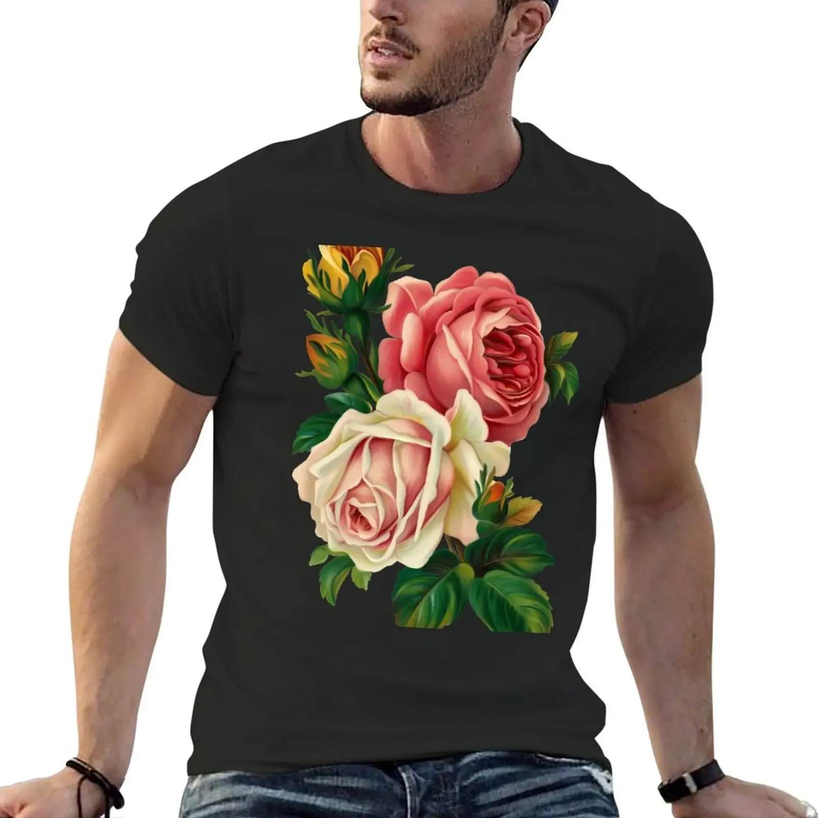 

pink and white roses illustration, Rose Flower T-Shirt vintage graphic tee plus size clothes men t shirts