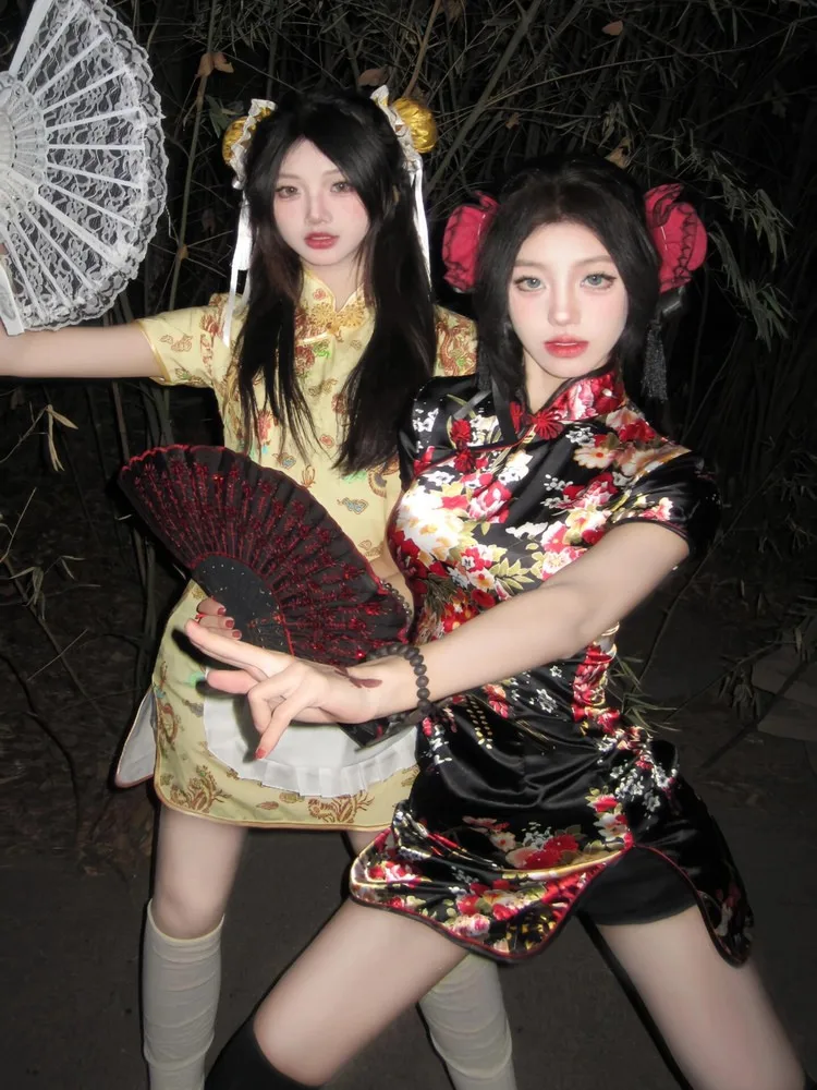 فستان تشيونغسام جديد بالطراز الصيني لحفلات الكريسماس وحفلات التنكر، طقم خادمة لوليتا، ملابس حفلات أنيقة بأكمام قصيرة وياقة مس...