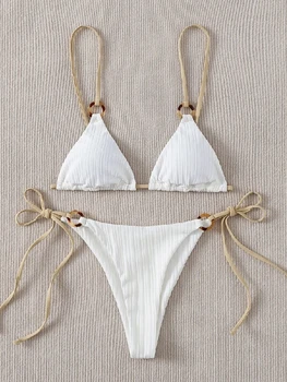 2023 Set bikini sexy carino bianco pianura anello collegato cinturino per spaghetti triangolo perizoma biquini costume da bagno costumi da bagno donna costume da bagno B0