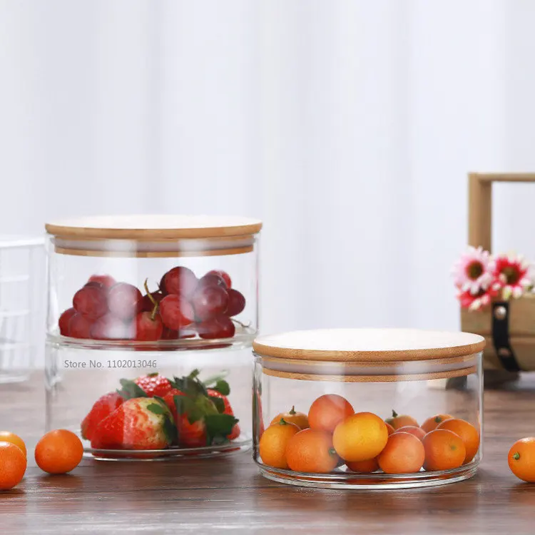 Fruit Salad Bowl with Bamboo Lid Transparent High Borosilicate Glass Bowl with Lid Household Multi-layer Combination Storage Jar