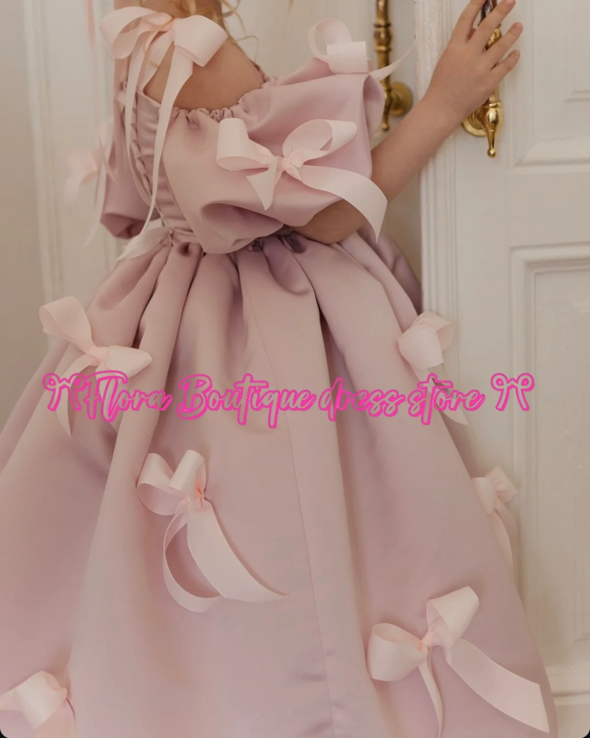 فساتين فتاة صغيرة طويلة منتفخة باللون الوردي اللطيف مع فستان بناتي على شكل فيونكة على شكل زهرة لحفلات أعياد الميلاد وحفلات الزفاف #2
