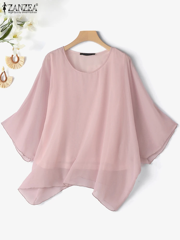 ZANZEA Women Oversize Chiffon Blouse Summer 3/4 Sleeve Irregular Hem Tops Shirt 2024 Korean Round Neck Loose Tunic Casual Blusa