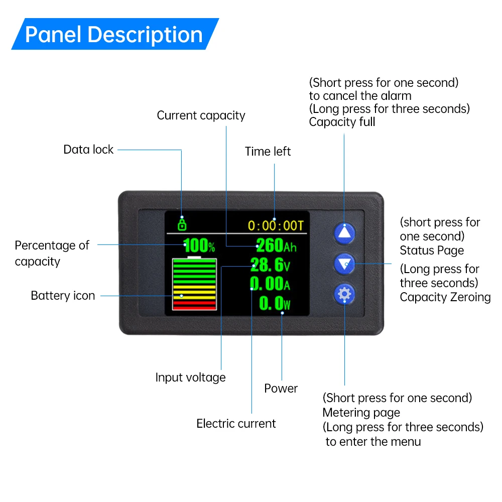 H56AH Precyzyjny kolorowy ekran Wskaźnik mocy DC 9-100V 50A 100A 200A 300A 400A Woltomierz samochodowy Amperomierz Hall Coulometr