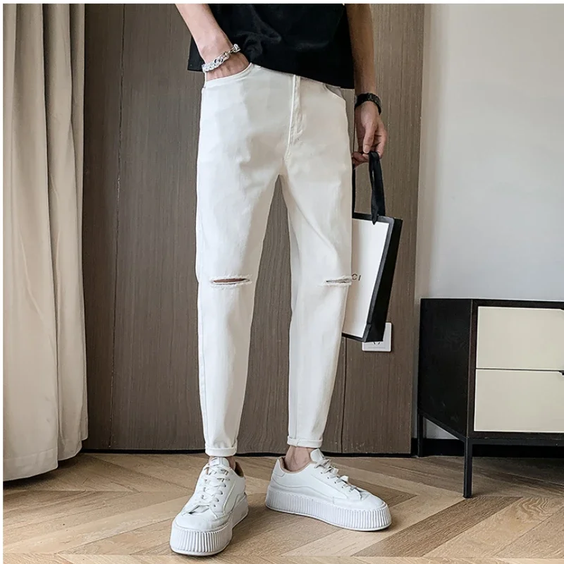 2024 ربيع جديد الذكور الركبة ممزق الجينز الرجال مستقيم سليم أقدام صغيرة سراويل جينز الشارع الشهير تمتد سراويل تقليدية #6