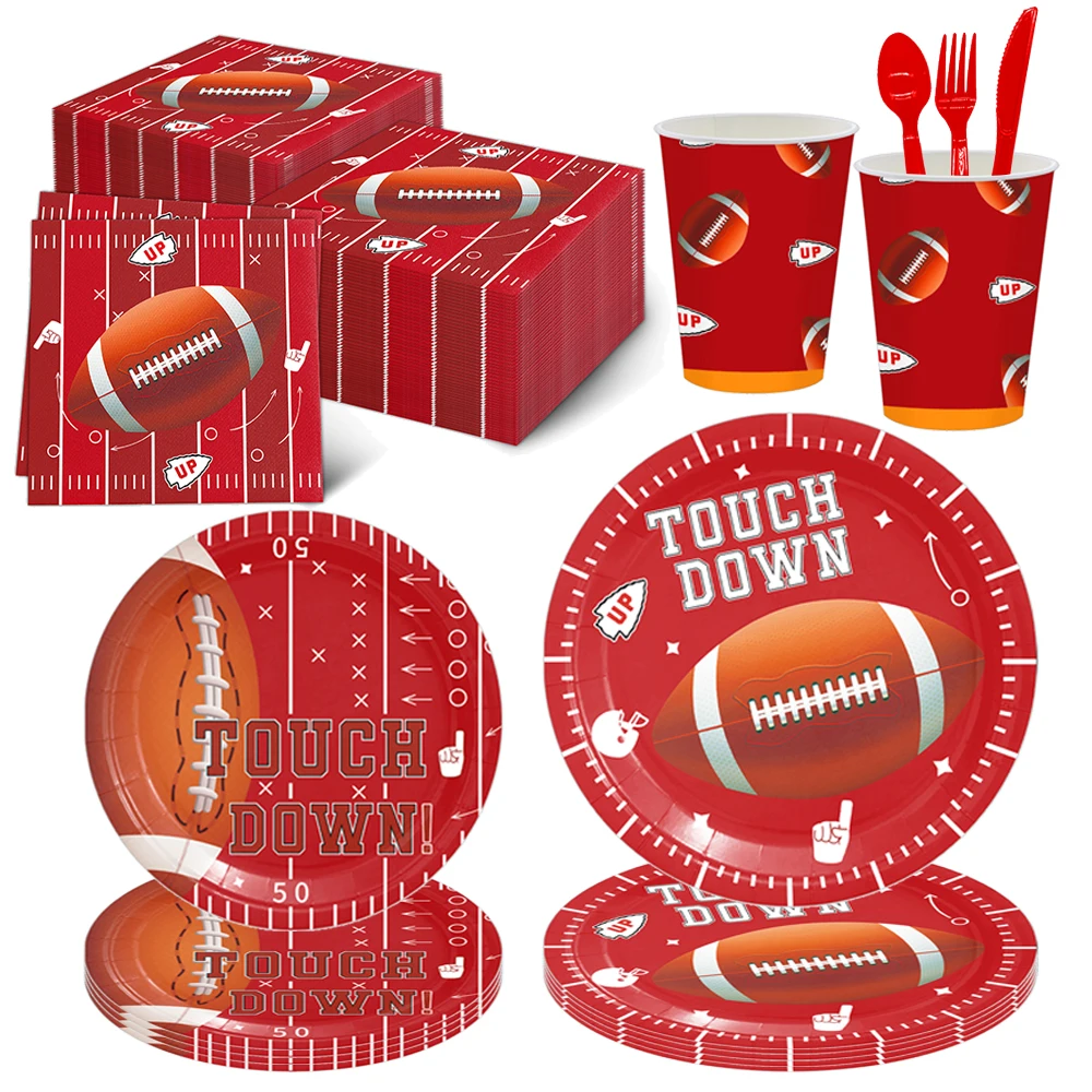 Rugby Themed American Red Disposable Tableware Paper Plates Cups Napkins Children Sports Birthday Party Decoration Supplies