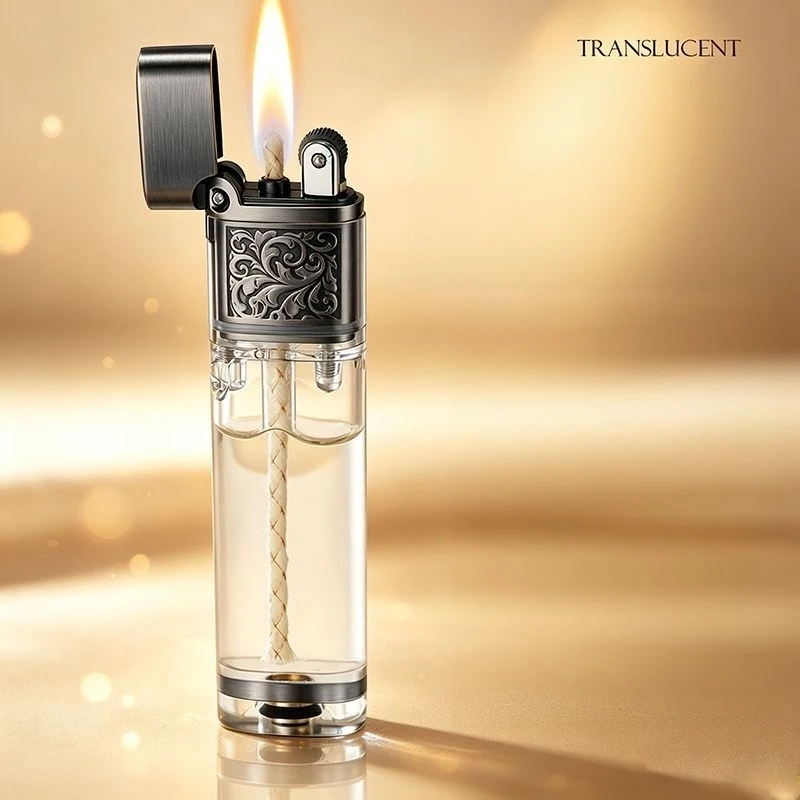 NNew Retro Body Classic Grinding Wheel Lighter Transparent Carving Open Flame Lighter Cigarette Accessories Men's Small Gift