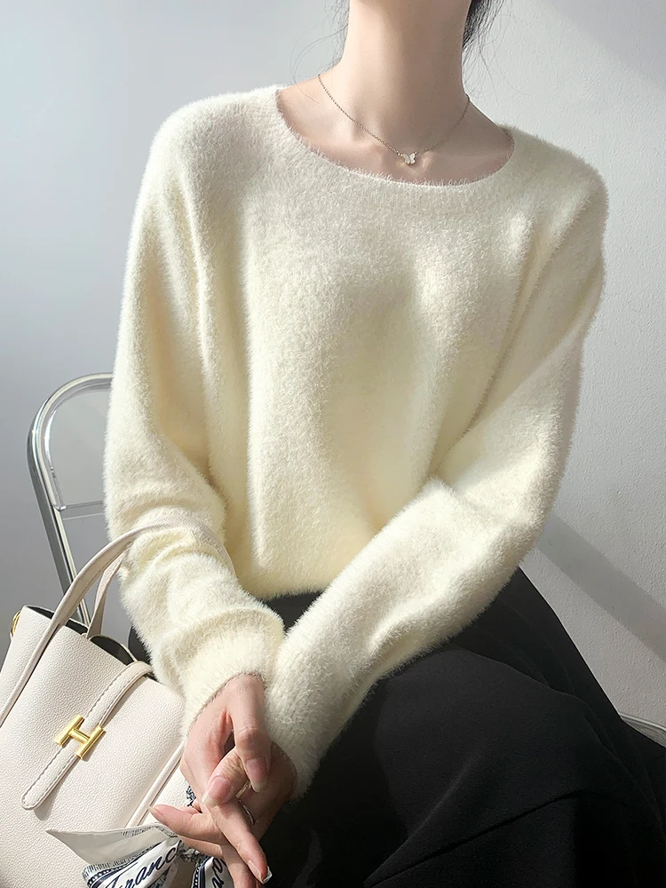 

Корейский женский свободный трикотаж, осень-зима, новый модный круглый Ne Long Sve, теплый мягкий свитер из искусственного меха