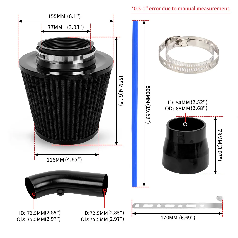 Automotive Air Filter Retrofit 76mm Aluminum Alloy Filter Core Cold Air Intake Filter Induction Kit