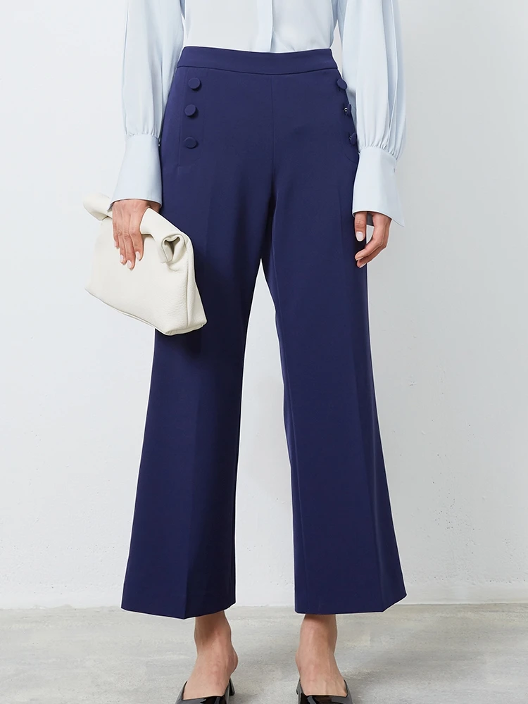 

Wei Lightweight Vintage Sle Straight Leg Pants Nine-Tenths Casual Trousers Double Button Decoration White And Blue Ver...