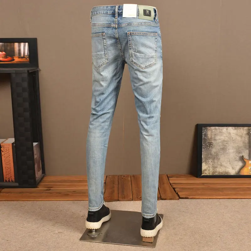 Streetwear Fashion Men Jeans Retro Light Blue Stretch Slim Fit Ripped Jeans Men Hole Patched Designer Hip Hop Denim Pants Hombre