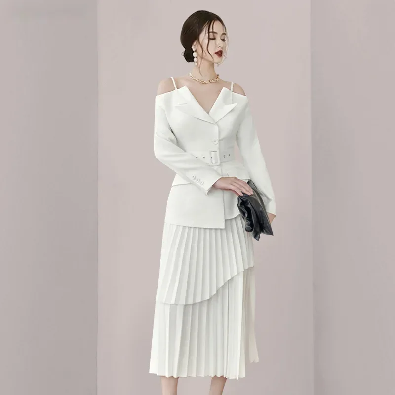 ARTIE | 2pcs Set Split Belt Waist V-neck Coat Patchwork Pleated Irregular Skirt Suits 2024 Spring New Fashion Women Summer Dress