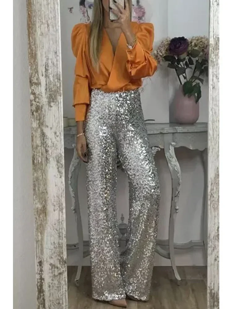 Fashion Spring/Summer Women\'s Sequin Flare Pants Casual Slim Fit Elastic Flare Pants Versatile Solid Color Micro Flare Pants