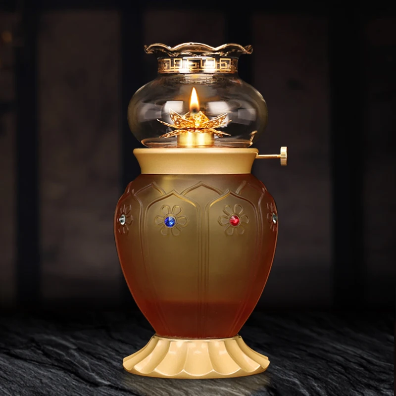 Pure Copper Glaze Oil Lamp for Buddha Worship God of Wealth Guanyin Buddha Lamp Buddha's Sanctuary Lamp Buddha