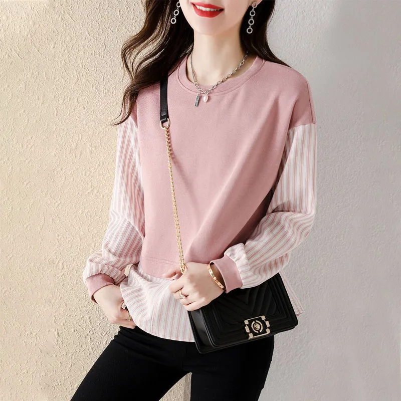 Spring and Autumn Fashion Trend Spliced Stripe Fake Two Piece Round Neck Versatile Loose Relaxed Age Reducing Women's Sweater