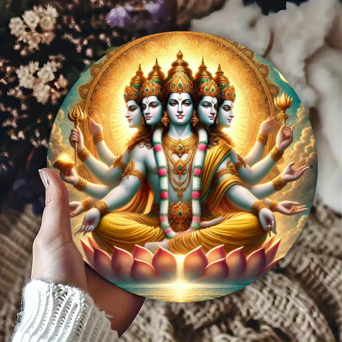 Vedic Art: 8X8 Inch Round Metal Sign Featuring Lord Vishnu, Personalized Gift, Decorative Wall Art for Home, Office, Or Bedroom