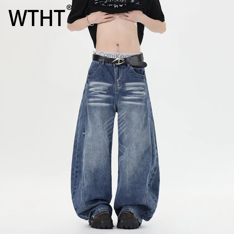 

Мужские джинсы WTHT Fashion в полоску, с эффектом потертости, винтажный американский стиль, широкие свободные брюки, лето 2026, модель 2A2914