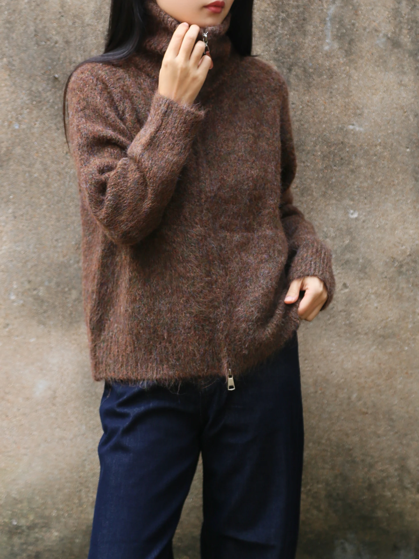 

Retro Brown Furry Zipper Collar Thiened Warm Autumn Winter Loose Knitted Outerwear Women's Long Sve Stand Collar Sweater