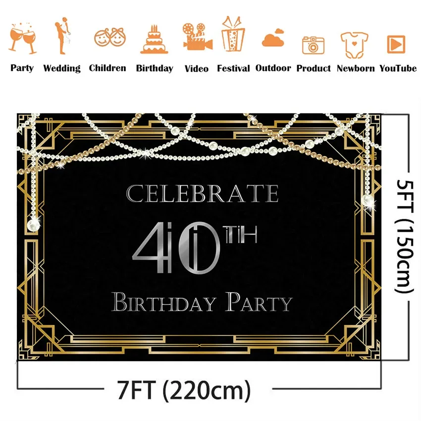 Fondo de decoración para fiesta de 40 cumpleaños, fondo de perlas blancas y negras para estudio fotográfico, suministros metálicos dorados