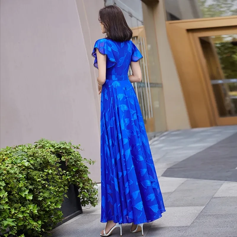 Blue Women 2024 New Summer Chiffon Boho Dress elegante Floral Beach Chic Casual scollo a v Fashion Long Prom abiti aderenti per