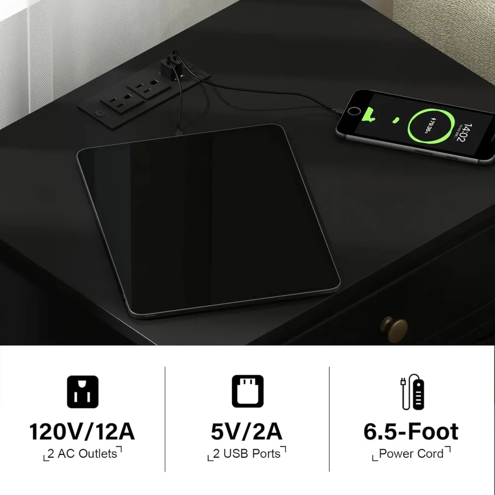 Treocho Schwarzes Doppel-Beistelltisch-Nachttisch-Set mit Ladestation, Beistelltischen im X-Design mit 2 AC- und USB-Anschlüssen, kompaktes Ni