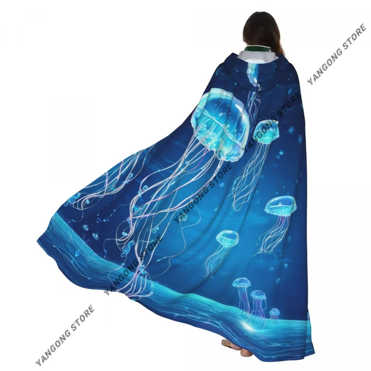 Yetişkin Vampir Pelerin Kapşonlu Robe Sihirli Parlayan Denizanası Sualtı Cadılar Bayramı Pelerin Tam Boy Cosplay