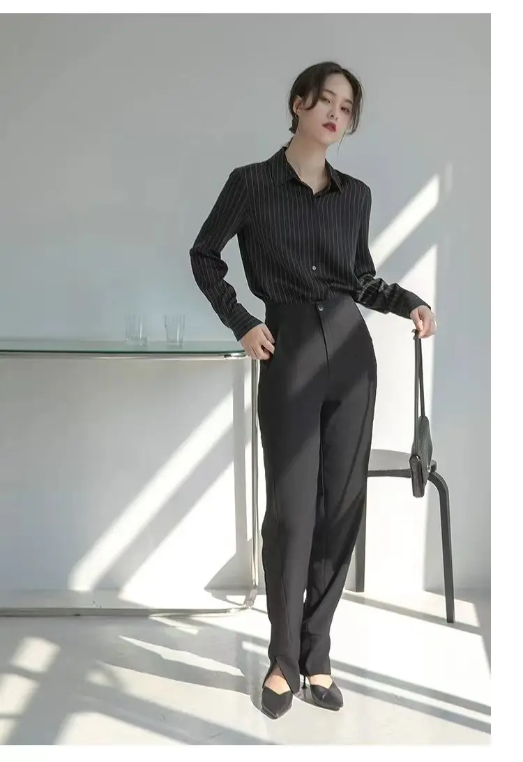 Advanced Black Striped Shirt for Women\'s Spring and Autumn New Commuting Formal Style Long Sleeved Top