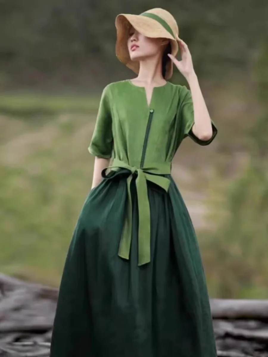 

Лето 2023, женское свободное платье в винтажном стиле в этническом стиле в стиле пэчворк, длинное платье трапециевидной формы с высокой талией для похудения, одежда