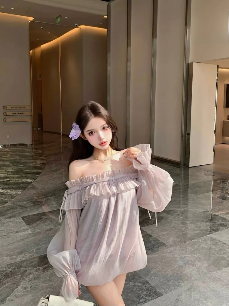 Zomer zachte losse chiffon lange Sve een schouder a-lijn rok dames Dr romantische ruche zoom woon-werkverkeer Sle Koreaanse versie