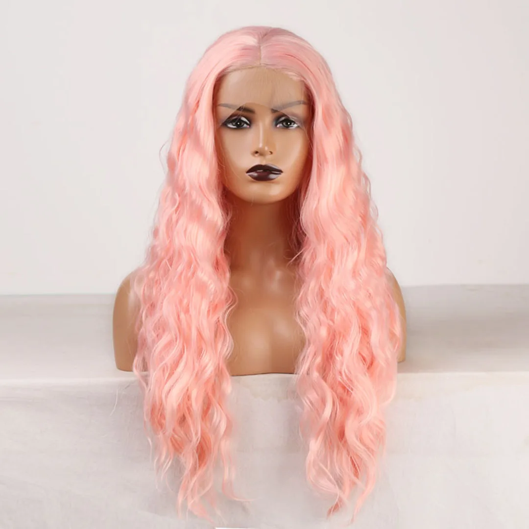 RONGDUOYI Light Pink Loose Curly Synthetic Hair Color Hair Wig Pink Hair Heat Resistant Fiber Synthetic Lace Front Wig For Women