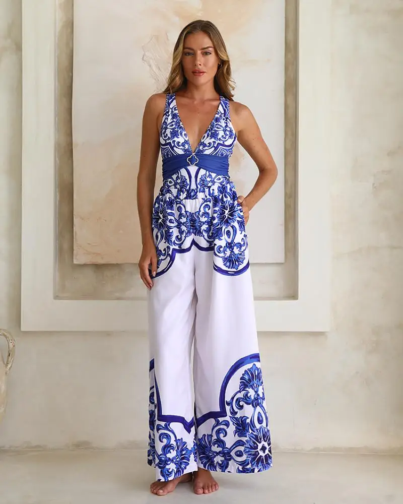 Women V Neck Classic Majolica Series Pattern Print One Piece Swimsuit and Pants or Shorts Flaxmaker Party Swimwear Sets 2025