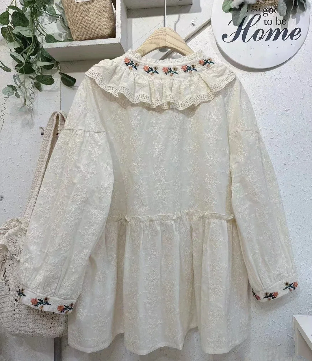 Female Japanese Mori Girl Retro Chic Cotton Ruffled Lace Floral Embroidery Shirt Vintage Cottage Core Sweet Tunic Loose Blouse