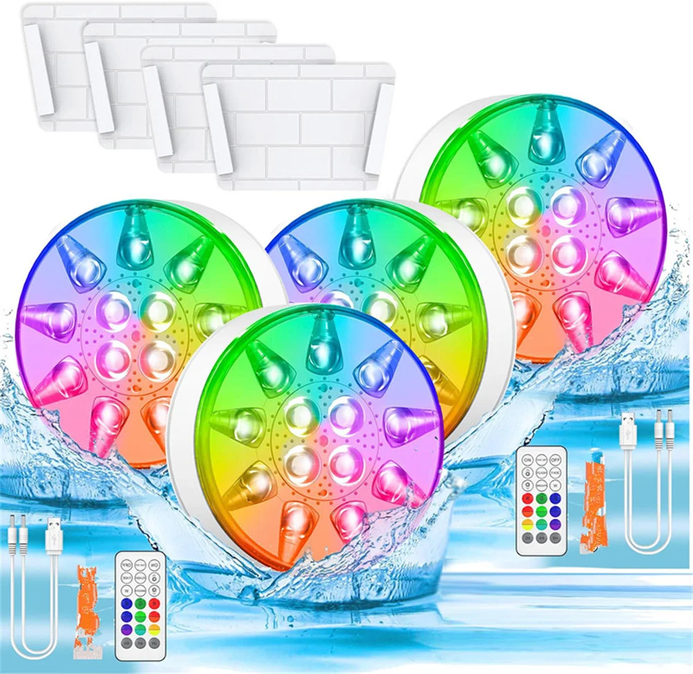

Комплект из 4 улучшенных перезаряжаемых RGB-светильников (16 цветов) для наружного использования: для прудов, фонтанов, ваз, садов, бассейнов, подводного освещения ночью