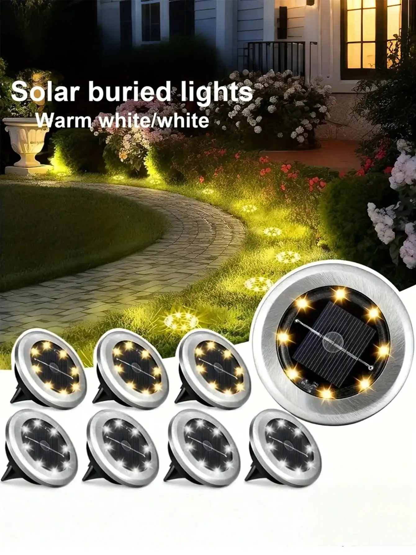 Luces solares de jardín de 4 piezas: focos cálidos/blancos, altura ajustable, fácil instalación, para patio/pasadas navideñas.