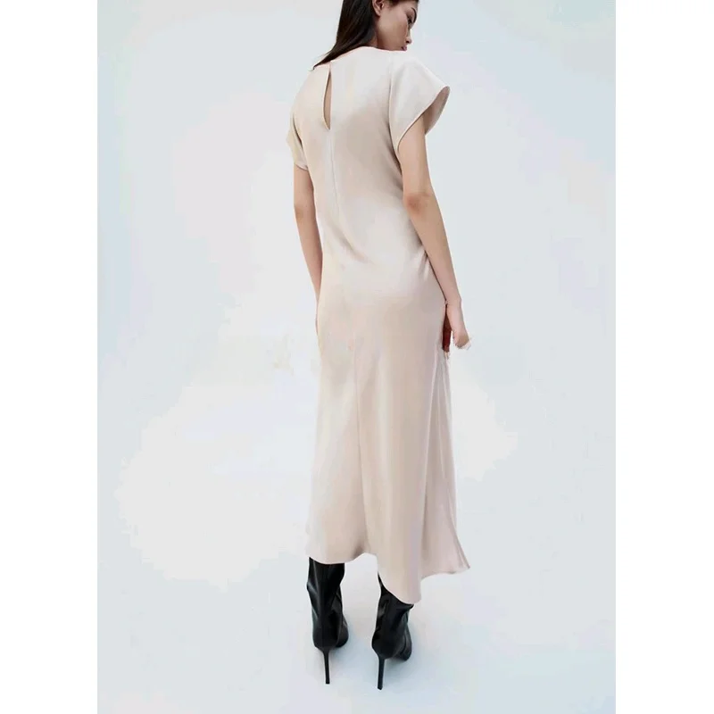 エレガントな無地シルクサテン風ワンピース 春夏新作 レディースファッション ハイウエストAラインスカート 通勤スタイル