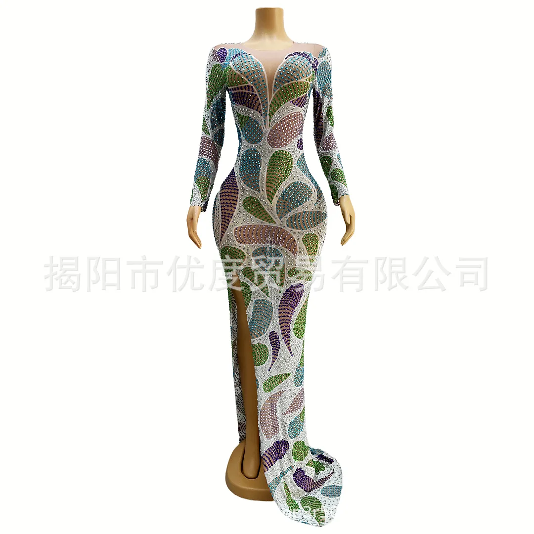 

Colorful Front Split Tail Rhinestone Temperament Dress Cocktail Party Night Performance Spiral Robe Femmes Élégantes Chic Soiree