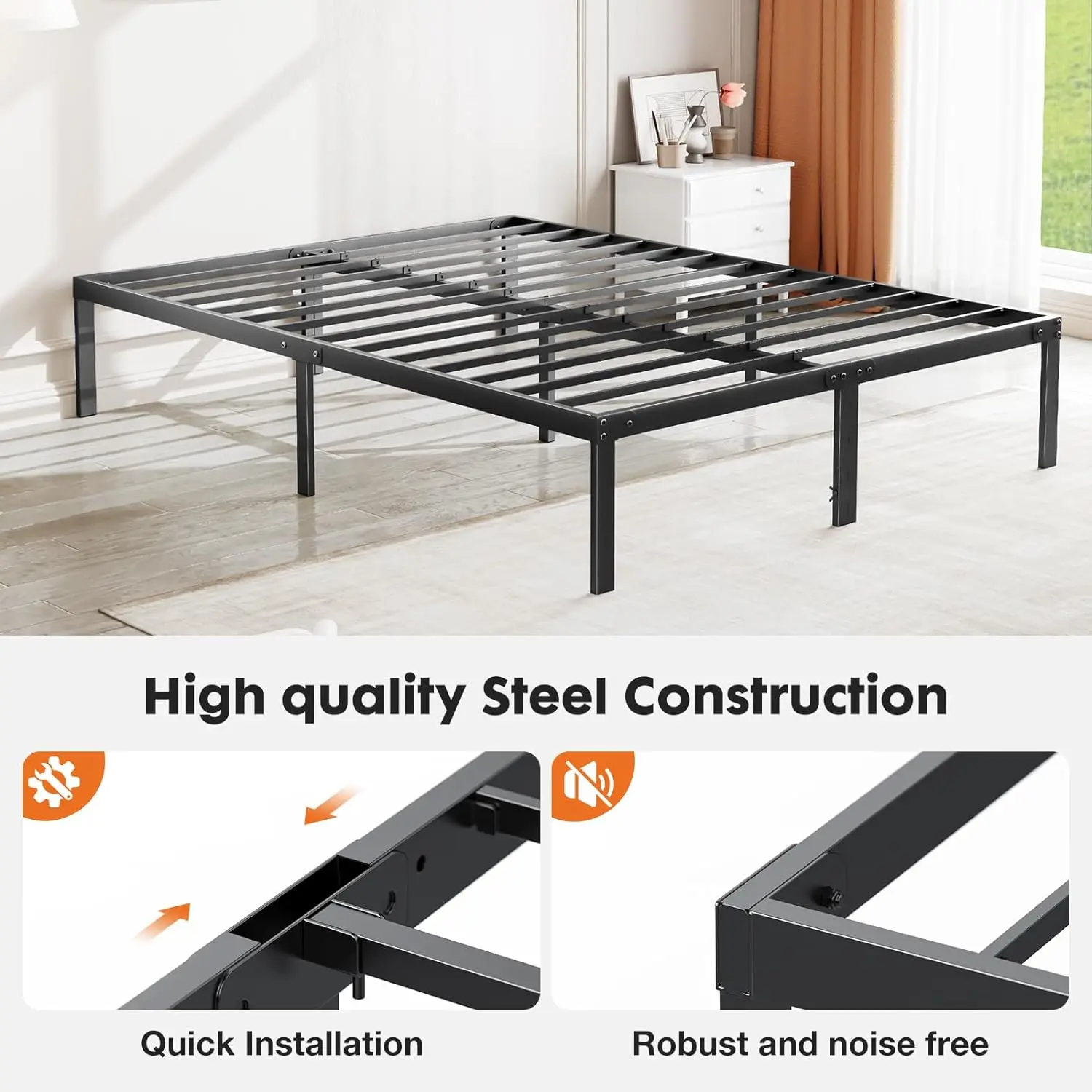 Bed Frame Queen - No Box Spring Needed Heavy Duty Metal Platform Bedroom Frames Queen Size with Storage Space, 14 Inches High